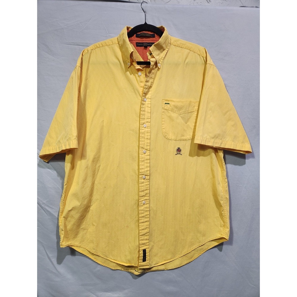 90s Tommy Hilfiger Striped Yellow Button Down Short Sleeve Shirt Menswear Large